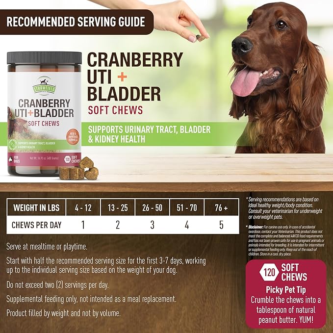 Strawfield Pets Cranberry Bladder & UTI Chews for Dogs D-Mannose + Vitamin C for Urinary Tract Support Peanut Butter Flavored Soft Chews 120 softchews