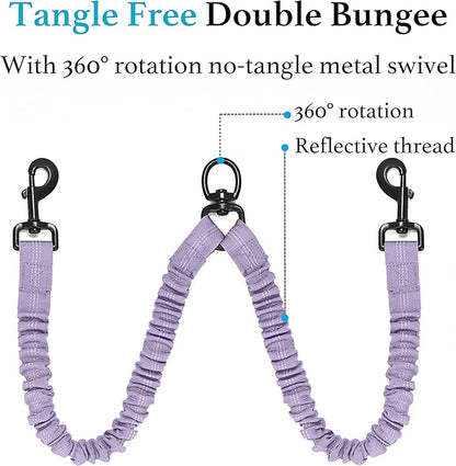 iYoShop Dual Dog Leash - 360° Swivel, No Tangle Walking Leash with Shock Absorbing Bungee for Two Dogs (Medium, 8-35 lbs, Lavender)