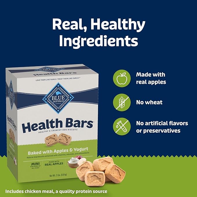 Blue Buffalo Mini Health Bars Crunchy Dog Biscuits, Oven-Baked with Natural Ingredients, Apples & Yogurt, 2-lb Box