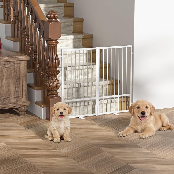 SNUOWU Full Metal Freestanding Dog Gate with Door, 36''Height Foldable Pet Dog Fence for Indoor & Outdoor, 2 Panels Extra Wide Free Standing TallDog Gates for Doorways,House,Stairs,Porch,Deck,Yard