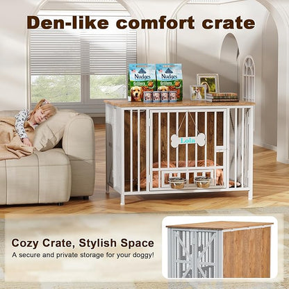 Easycom Foldable Large Dog Crate Furniture, 41.3" Assembly-Free Dog Crates for Large Dogs, Decorative Wooden Dog Kennel Indoor with Tag & Dog Bowls, Dog Cage Use as TV Stand, White & Beech