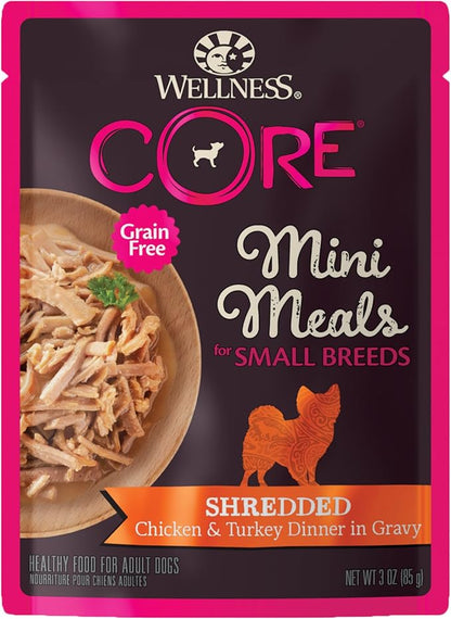 Wellness CORE Small Breed Mini Meals Shredded in Gravy Adult Wet Dog Food, Grain Free, Natural, Chicken and Turkey Dinner Recipe, 3 oz, Pack of 12 Pouches