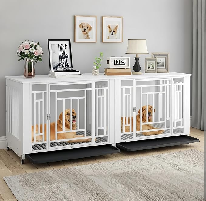 DWVO Double Dog Crate Furniture for 2 Large Medium Dogs, 76 Inch Heavy Duty Dog Kennel Indoor TV Stand with Wheels, Decorative Wooden Dogs Cage Table with Removable Tray, Chew-Resistant, White