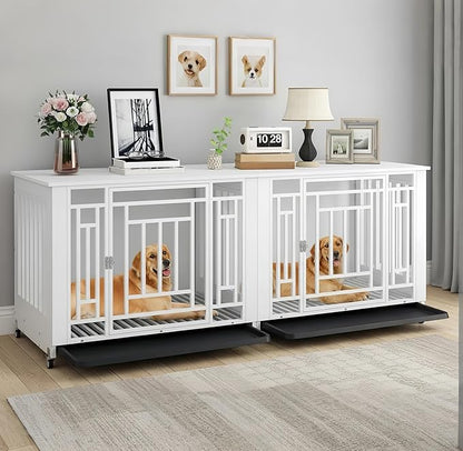 DWVO Double Dog Crate Furniture for 2 Large Medium Dogs, 76 Inch Heavy Duty Dog Kennel Indoor TV Stand with Wheels, Decorative Wooden Dogs Cage Table with Removable Tray, Chew-Resistant, White