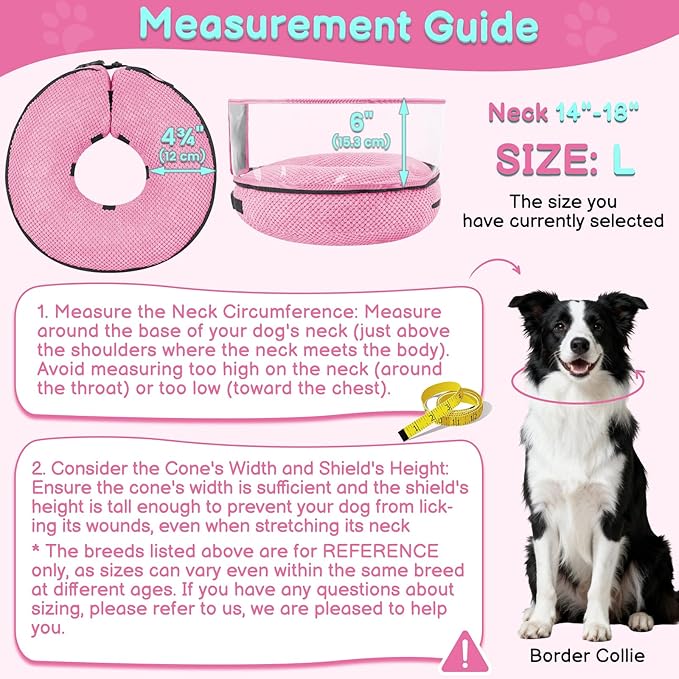 Soft Inflatable Dog Cone for Surgery Recovery, Protective Dog Donut Collar with Shield to Stop Licking Wounds, 2-in-1 Patented Comfort Blow-Up Collar (Pink, L)