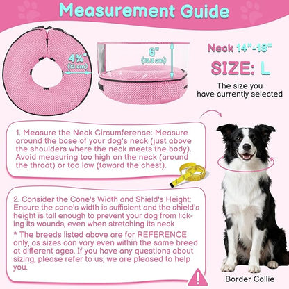 Soft Inflatable Dog Cone for Surgery Recovery, Protective Dog Donut Collar with Shield to Stop Licking Wounds, 2-in-1 Patented Comfort Blow-Up Collar (Pink, L)