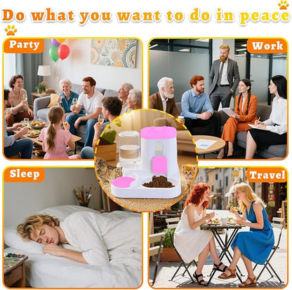 Gravity Cat Feeder and Water Dispenser, 2 in 1 Automatic Cat Feeder, 2 Pack Large Capacity Self Feeding for Small Medium Dog Puppy Kitten （Pink）