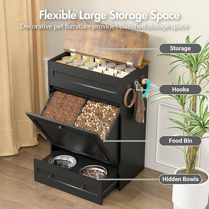 Elevated Dog Feeding Station with Storage Cabinet, 5.3" Pull-Out Hidden Bowls, Dog Food Organizer for Medium Large Dogs with Slow Feeder, Stainless Steel Bowls & Side Hooks (Black)