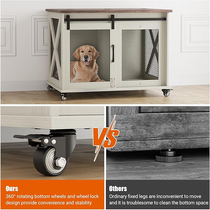 TROPOW Dog Crate Furniture,37 Inch Dog Kennel Furniture, Sliding Barn Door, Flip Top Dog Crate End Table with Removable Divider, Farmhouse Dog Cage for Small to Middle Size Dogs