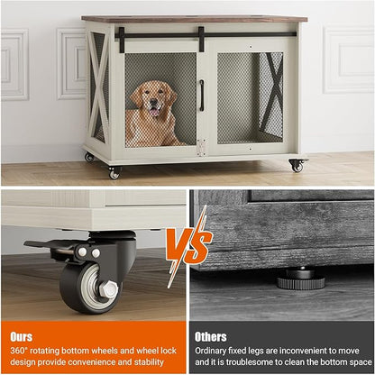 TROPOW Dog Crate Furniture,37 Inch Dog Kennel Furniture, Sliding Barn Door, Flip Top Dog Crate End Table with Removable Divider, Farmhouse Dog Cage for Small to Middle Size Dogs
