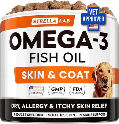 StrellaLab Omega 3 for Dogs - (180Ct) Fish Oil Treats - Allergy & Itch Relief Skin & Coat Supplement - Dry Itchy Skin, Anti Shedding & Hot Spots Treatment - Pet Salmon Oil Chews - Chicken Flavor