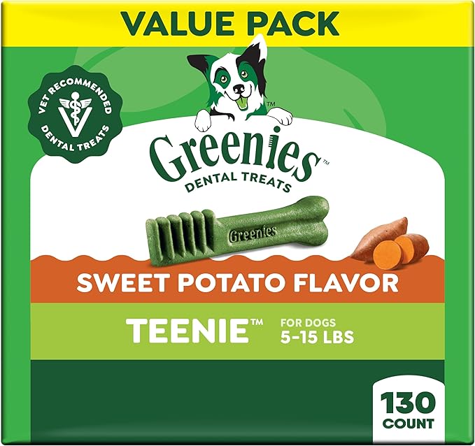 Greenies Dog Treats Veterinarian-Recommended Natural Dental Treats for Dogs, Teenie Size, Sweet Potato Flavor, 36 oz. Pack, 130 Count