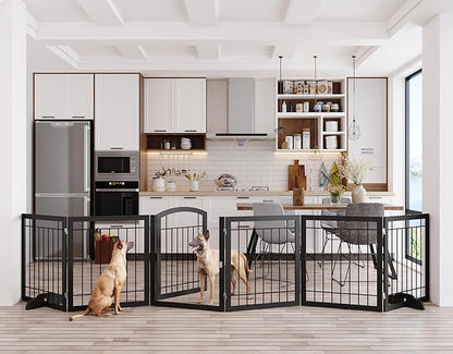 Vantas Folding Pet Gate 144" Wide, 30" Tall No-Assembly Metal Dog Gate, Freestanding Wire Pet Puppy Safety Fence, Extra Wide with 2PCS Support - Black