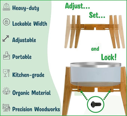 Dog Bowl Stand (14-inch High) - Ideal for Large Breeds, Use to Elevate, Raise Pet Dishes, Water Fountains and Slow Feeders - Adjustable Sideways, Bamboo - (Bowls not Included)