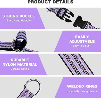 Hikiko Martingale Dog Collars Reflective Nylon Dog Collar with Quick Release Buckle Adjustable Training No Slip Dog Collar (Small, Lavender)