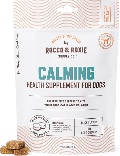 Rocco & Roxie Calming Chews for Dogs, Dog Anxiety Relief for Separation & Stress, Sleep Aid with Melatonin & Valerian for Large, Med, Small Dogs, Puppy Composure Treats, Supplements, 60ct
