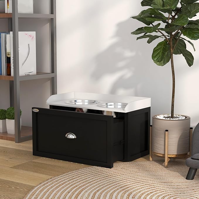 PawHut Dog Feeding Station with Storage Drawer, Elevated Dog Bowls for Large Dogs, White and Black