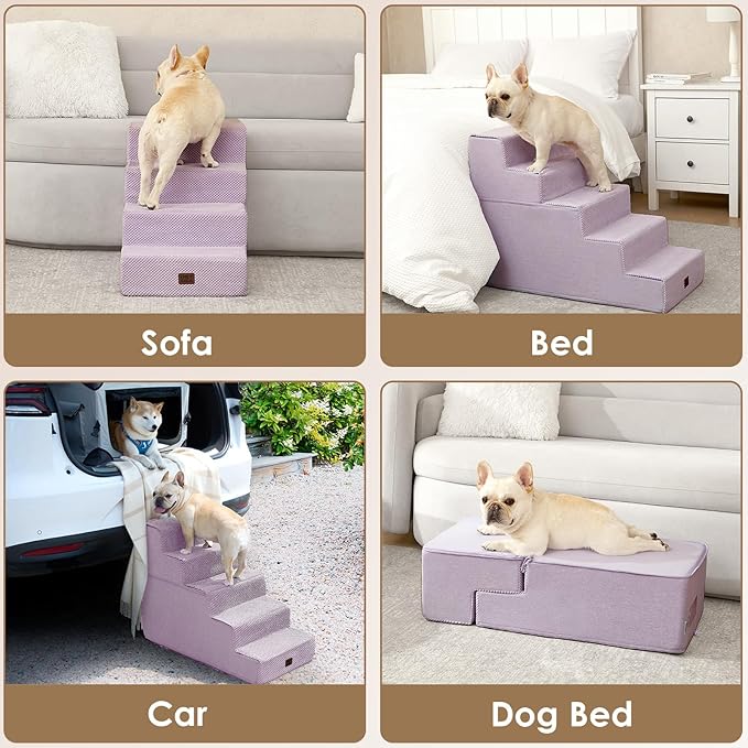 EHEYCIGA Dog Stairs for Small Dogs 13.5" H, 3-Step Dog Steps for Couch Sofa and Chair, Pet Steps for Medium Cats, Non-Slip Balanced Pet Ramp Indoor, Lilac