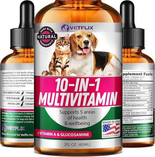 10 in 1 Pet Vitamins for Dogs, Cats, Puppies and Kittens - Made in USA - Glucosamine and Multivitamin Supplement - Joint, Immune and Skin Health Support - 2 Fl Oz