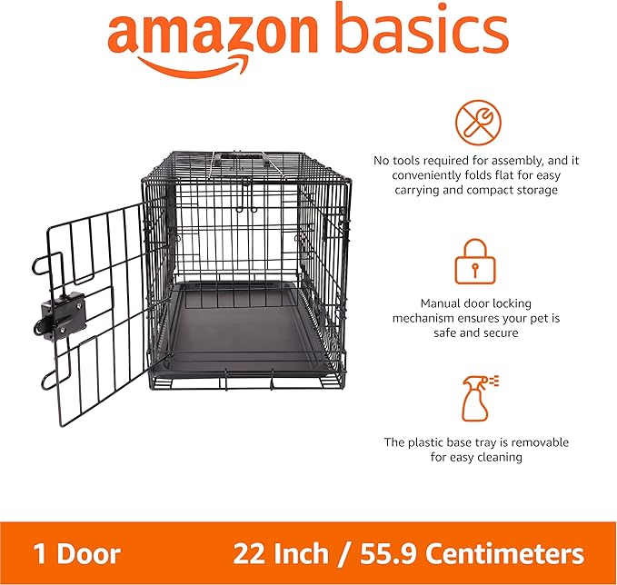 Amazon Basics Portable, Foldable Metal Wire Dog Crate with Removable Tray, Single Door, Divider Panel, Collapsible for Travel, 22 x 13 x 16 in, Black