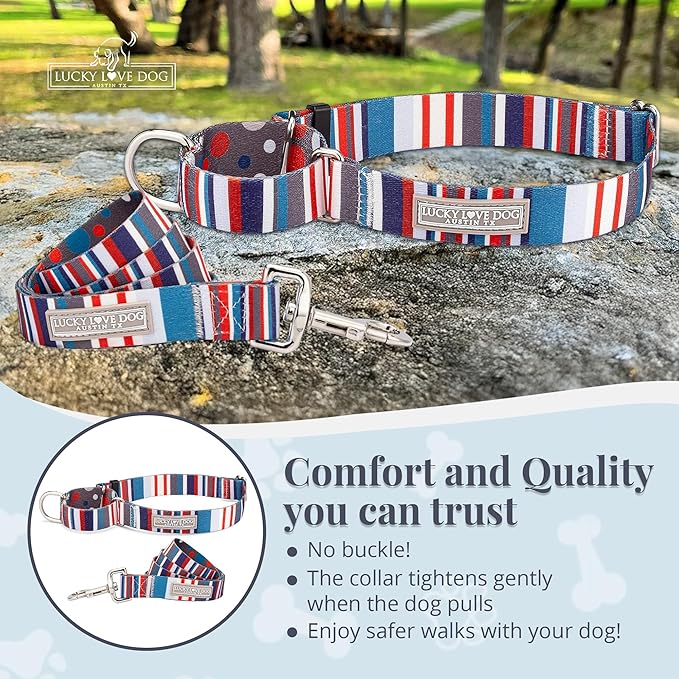 Lucky Love Dog Martingale Dog Collar & Leash - Adjustable, No-Slip, Durable, Comfortable, Soft Webbing, & Stylish Patterned Collar & Leash Set for Male and Female Dogs - Linus Combo, Large