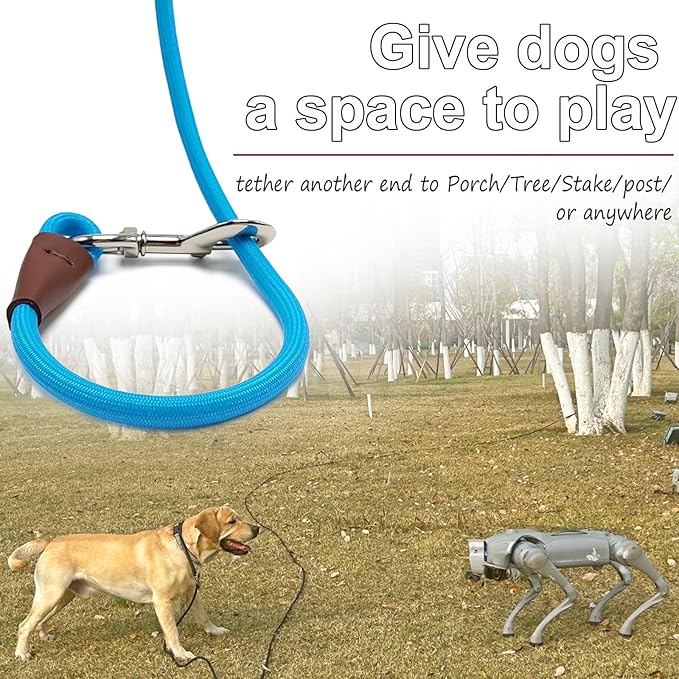 15FT Tie Out Rope Dog Lead, 3/8" Thick Long Dog Tether Nylon Check Cord for Medium Large Dogs Outdoor Camping Backyard of Leash Training Tie Down (Blue)