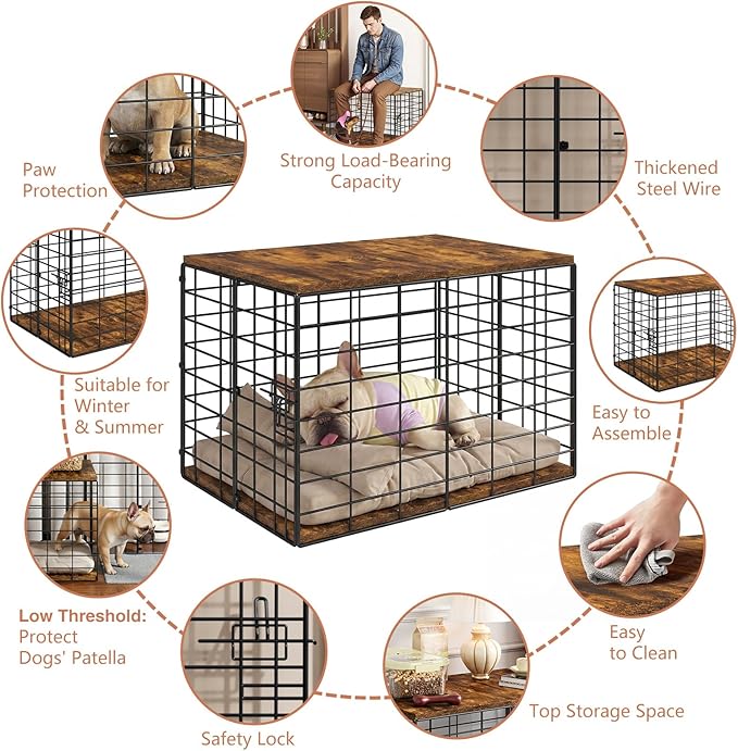 24 Inch Small Dog Crate Furniture - All-Season Indoor Dog Kennel with Wooden Top & Thickened Metal Wire, Cage for Small Dogs & Puppies Under 20 lbs. Fits Living Room, Bedroom, Hallway.