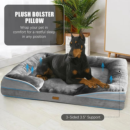 Orthopedic Dog Bed with Sides - Dog Sofa Beds for Extra Large Dogs, Supportive Foam Pet Couch Bed with Washable Removable Cover, Waterproof Lining and Non-Slip Bottom, Grey - XXL