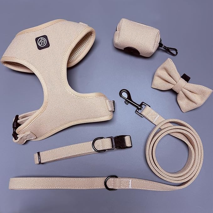 EVERKING 5-Piece Dog Travel Set, Adjustable Harness, Leash, Collar, Poop Bags, Bowtie for Small Medium Dogs, Beige, Breathable No-Pull Design (Beige, S)
