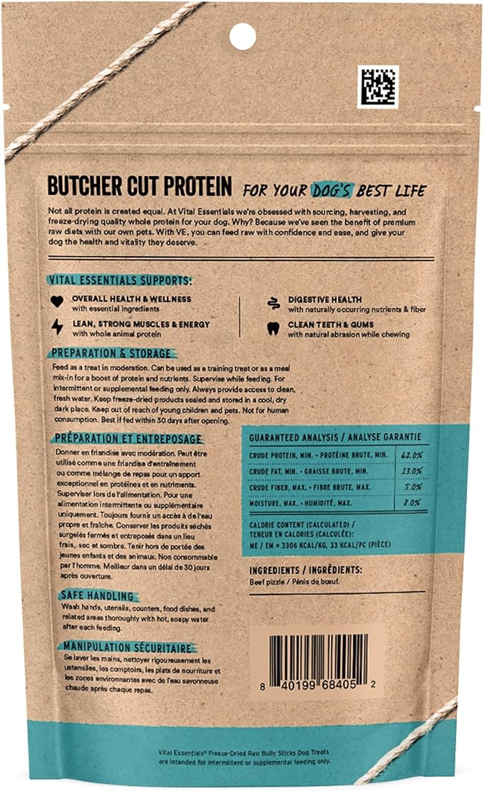 Vital Essentials Freeze Dried Bully Sticks Dog Treats | Premium Quality, Long Lasting | Grain Free Treats for Dogs, (3 Count) 1.4 oz Bag