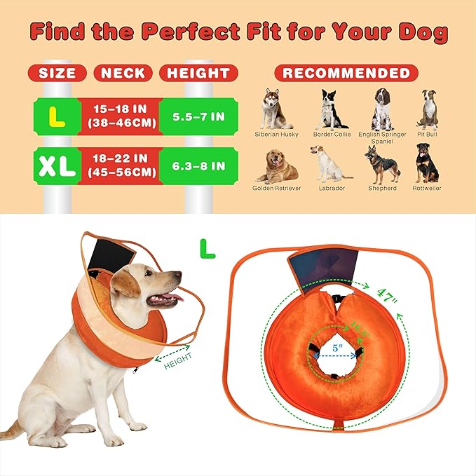 Inflatable Dog Cone with Transparent Shield, Protective Dog Donut Collar After Surgery Soft Donut Cone for Dogs, Orange, Large