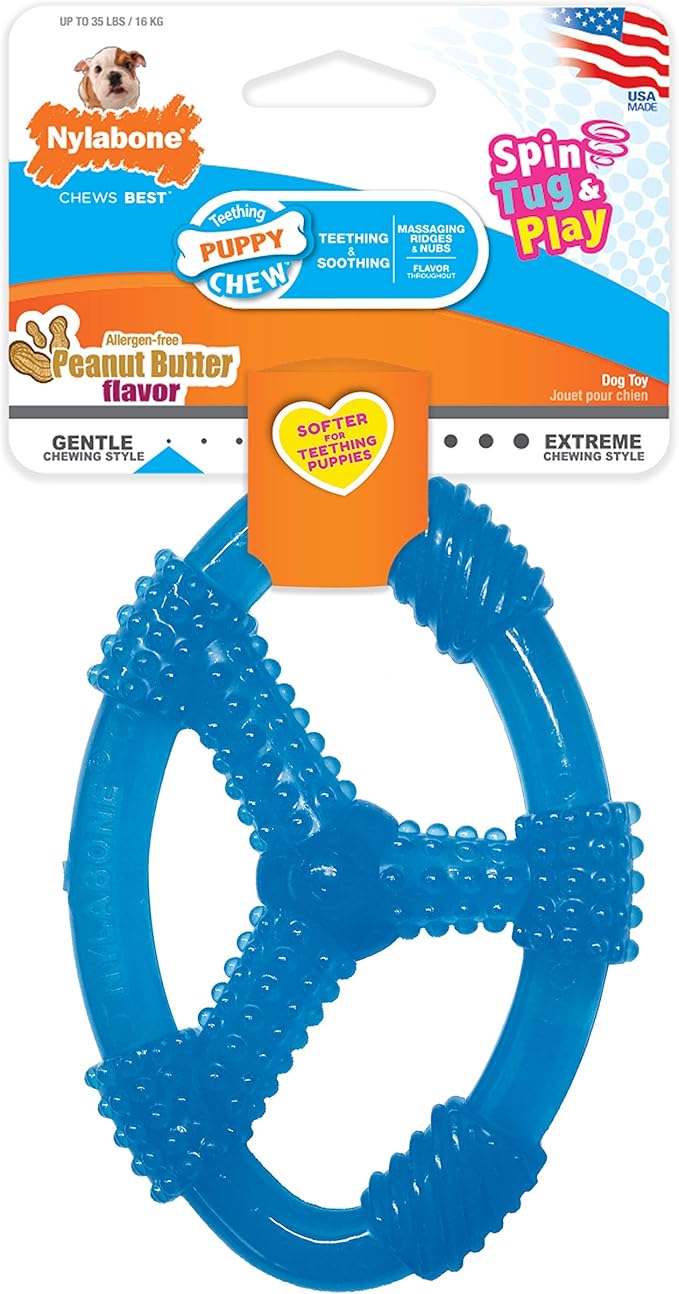 Nylabone Spin Tug & Play Puppy Chew Ring Toy, Soothing Puppy Teething Bone, Enrichment Toy for Puppies, Blue, Peanut Butter Flavor, Medium Dogs - Up to 35 lbs., 1 Count