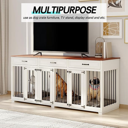 Dog Crate Furniture - Indoor Wooden Dog Kennel Crate Furniture with 2 Dividers, 3 Drawers, and 3 Lockable Doors, 72"x23.6"x31.5"H, White