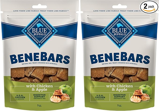 Blue Buffalo BeneBars Digestive Support Dog Treats with Prebiotic Fiber,Made with Natural Ingredients,USA Chicken & Apple,9-oz Bag,(Pack of 2)