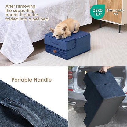 EHEYCIGA Dog Stairs for Small Dogs 13.5" H, 3-Step Dog Steps for Couch Sofa and Chair, Pet Steps for Medium Cats, Non-Slip Balanced Pet Ramp Indoor, Navy Blue