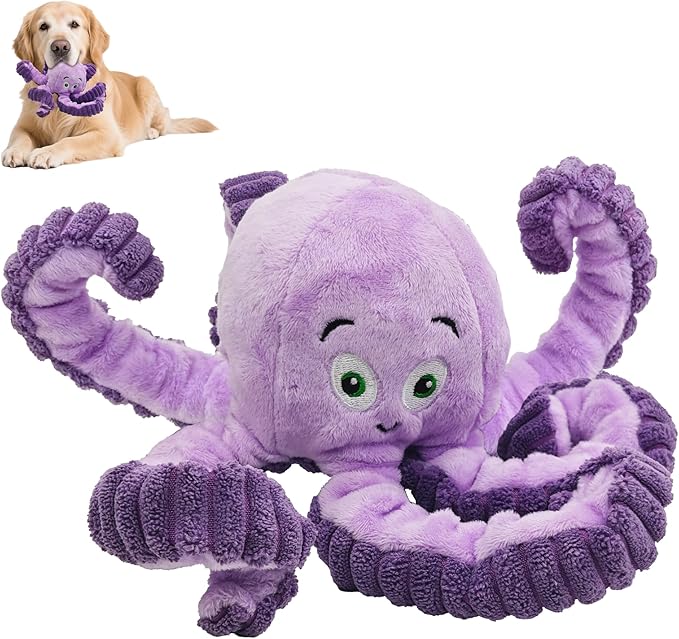 Squeaky Dog Toys, Stuffed Large Dog Toys to Keep Them Busy, Interactive Plush Chew Toys with Crinkle Paper, Tough Pet Animal Toys for Small Medium Large (Purple Octopus)
