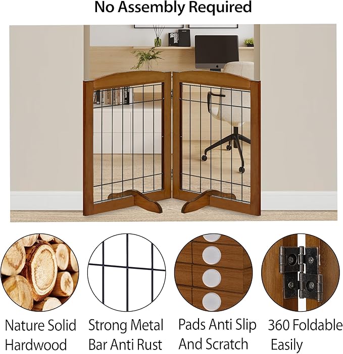 LZRS 2-Panel Freestanding Adjustable Wooden Dog Gate—30” Tall Foldable Pet Barrier with Support Feet, Solid Hardwood & Chew-Resistant Steel Wire for Doorways, Hallways, and Stairs, Oak Cherry