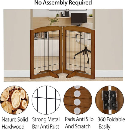 LZRS 2-Panel Freestanding Adjustable Wooden Dog Gate—30” Tall Foldable Pet Barrier with Support Feet, Solid Hardwood & Chew-Resistant Steel Wire for Doorways, Hallways, and Stairs, Oak Cherry