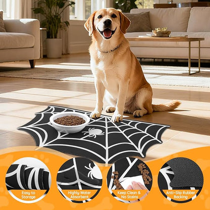 Dog Cat Food & Water Mat, Spider Web Pet Feeding Mat for Floor Non-Slip Waterproof, Super Absorbent Quick Dry Placemat Pet Food Bowl Mat, Halloween Decor, Pets Accessories Indoor (16 * 24 in)