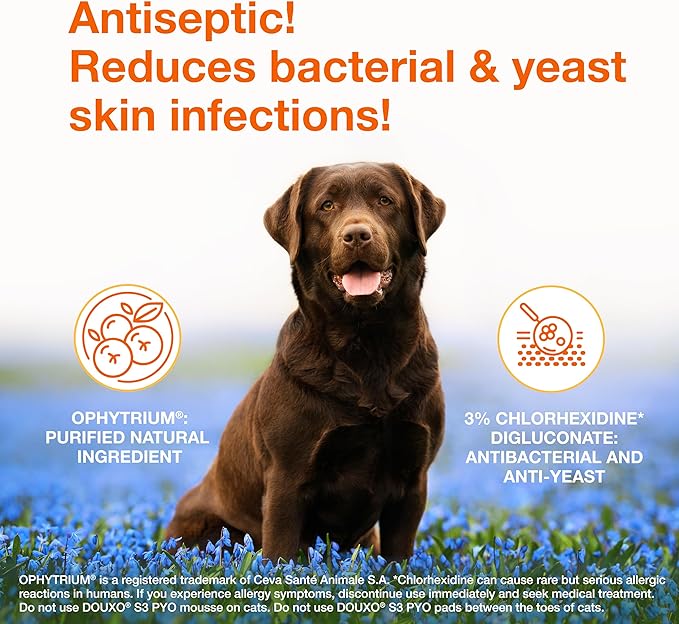 Douxo S3 Pyo Pads, Contains 3% Chlorhexidine & 0.5% Ophytrium, Antiseptic & Hydrating, For Bacterial or Yeast Skin Infections, For Dogs and Cats, 30 Pads