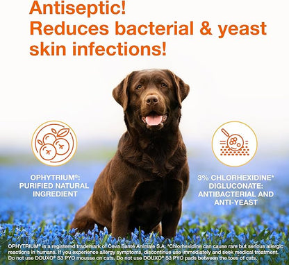 Douxo S3 Pyo Pads, Contains 3% Chlorhexidine & 0.5% Ophytrium, Antiseptic & Hydrating, For Bacterial or Yeast Skin Infections, For Dogs and Cats, 30 Pads