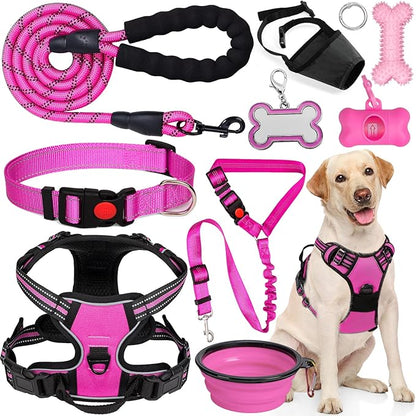 No Pull Dog Harness Adjustable Collar & Leash Set - Dog Halter Harnesses Collapsible Bowls & Poop Bag Dispenser Muzzle ID Tags Toys Fits Small Medium Large Dogs (Pink-L)