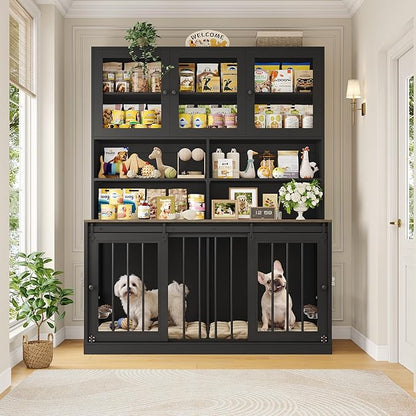 HOSTACK 71" Tall Dog Crate Furniture, 55" W Dog Kennel with Storage Hutch, XL Dog Crate for 2 Dogs with Feeding Bowls, Indoor Heavy Duty Dog Cage with Removable Room Divider, Wooden Pet House, Black