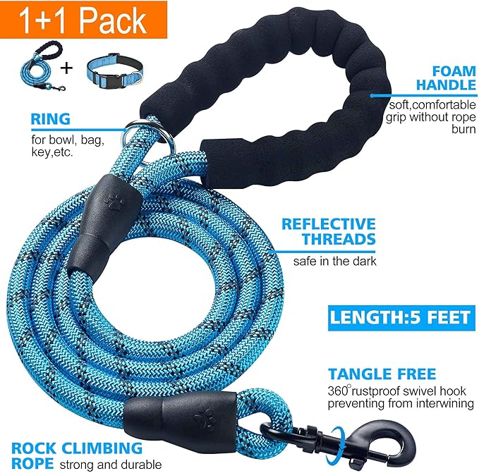 Ladoogo Reflective Dog Collar Padded with Soft Neoprene Breathable Adjustable Nylon Dog Collars for Small Medium Large Dogs (Medium (Pack of 1), Vivid Blue Collar+Leash)