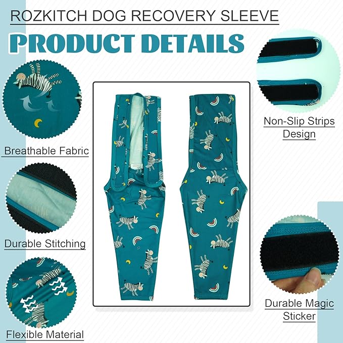 ROZKITCH Dog Leg Protector for Front Right Left Leg, Pet Prevent Licking Wound Elbow Knee Protector, Dog Recovery Suit Cone Collar Alternative for Sprain ACL CCL Arthritis Joint Care Zebra XXS