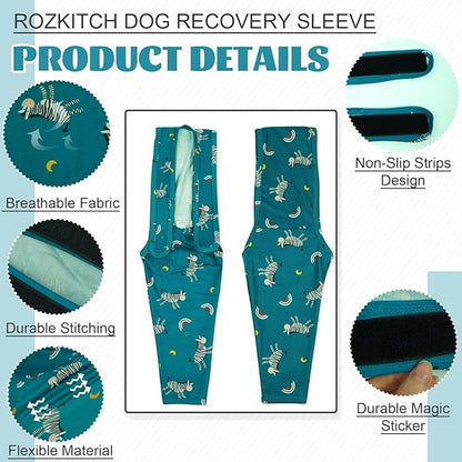 ROZKITCH Wound Sleeve for Dogs for Front Right Left Leg, Pet Prevent Licking Wound Elbow Knee Protector, Dog Recovery Suit Cone Collar Alternative for Sprain ACL CCL Arthritis Joint Care Zebra S