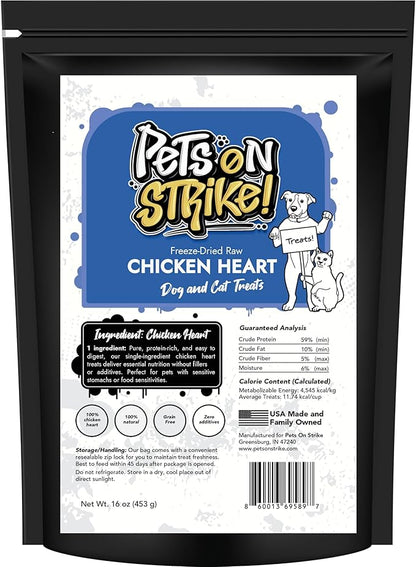 Freeze Dried Chicken Hearts for Dogs & Cats (16oz) – Single Ingredient Dog Treats – USA Sourced & Made – High Protein, All Natural, Grain Free – Raw Freeze-Dried Training Treat