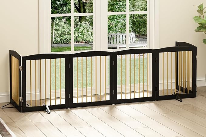 PUPETPO Freestanding Pet Gate for Dogs, Foldable Wooden Dog Gate for House, Extra Wide Indoor Pet Barrier for Stair, Doorway, Hall, Support Feet Included, 120 Inch Wide, 6 Panels 24",Black&Gold