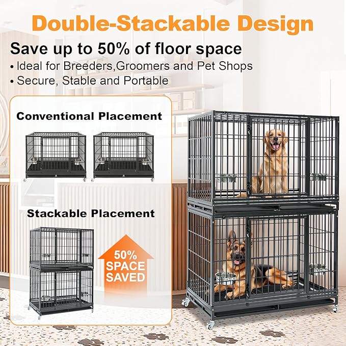 Homey Pet Large Dog Crates for Large Dogs, 47 Inch Heavy Duty Stackable Dog Cage with 2 Bowls, 4 Wheels, Double Removable Trays and Grids, Escape Proof Metal Wire Dogs Kennel Indoor