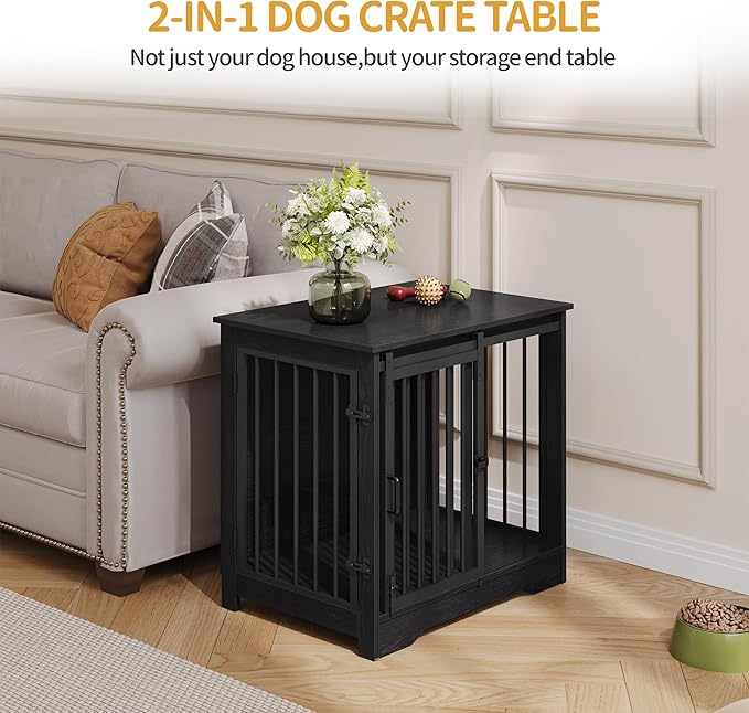 Hzuaneri 27.2" Dog Crate Furniture with Barn Door, Heavy Duty Dog Kennel Indoor with 2 Doors, Wooden Pet Cage End Table for Small Medium Dogs up to 22 lb, Anti-Chew Anti-Escape, Black DFC84304B